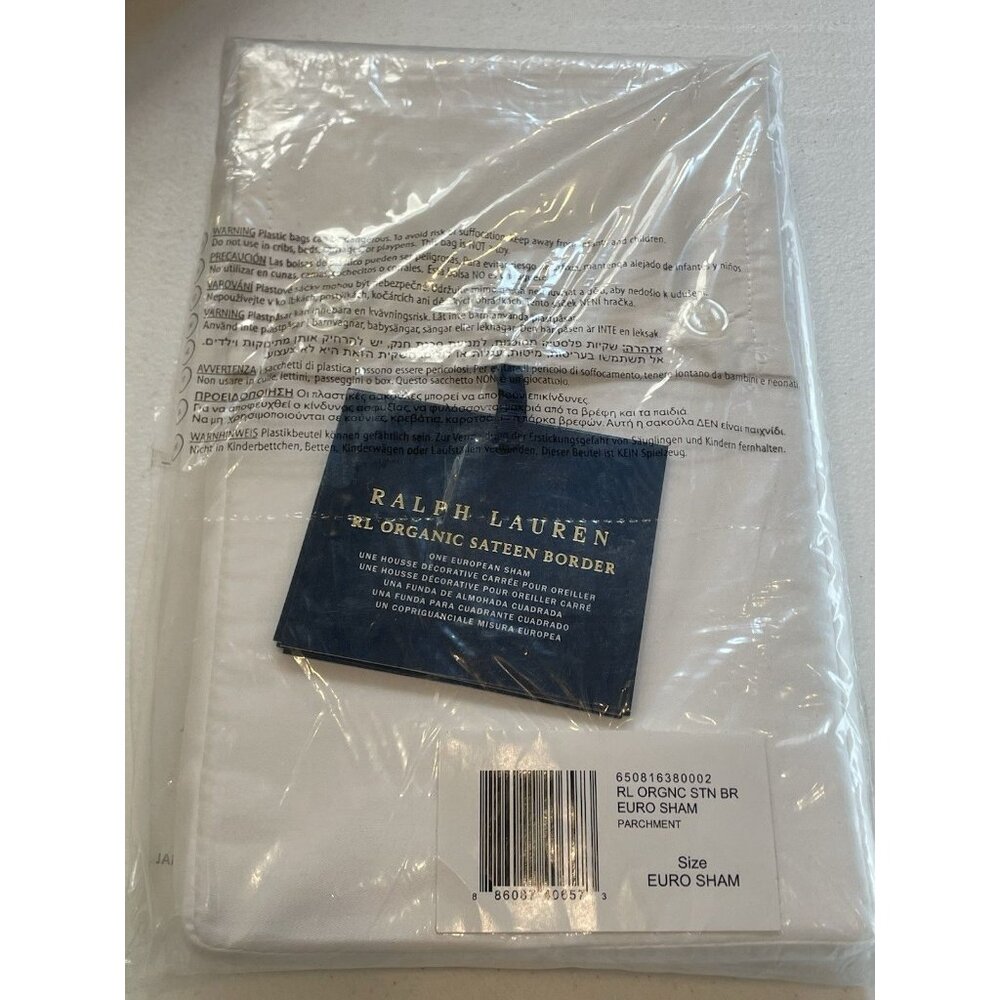 NEW RALPH LAUREN Organic Cotton Sateen Border Euro Sham Studio White Parchment